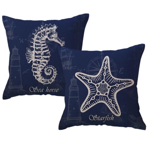 Coastal Decorative Pillow Covers 18x18, Blue Nautical Seahorse Starfish - 2 Pack