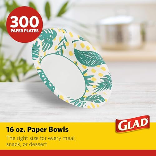 Glad Green Disposable Paper Bowls 16 Oz, 50 Pack (6 Sets) — Palm Leaf Design