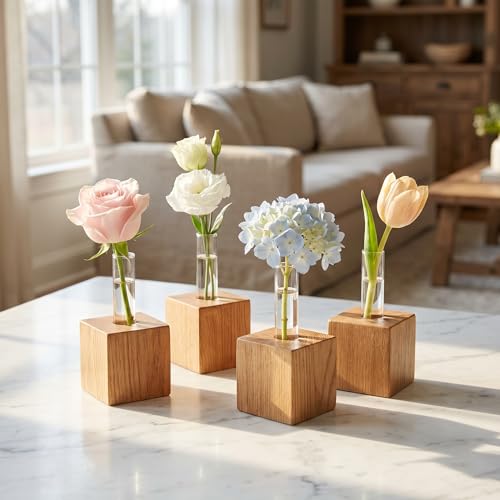 Walnut 4-Piece Magnetic Wooden Vases Set with Test Tubes & Greeting Card