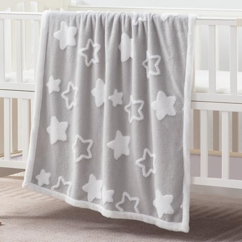 Grey Reversible Baby Blanket for Toddlers - Ultra Soft Star Jacquard Fleece, 33x43 Inches