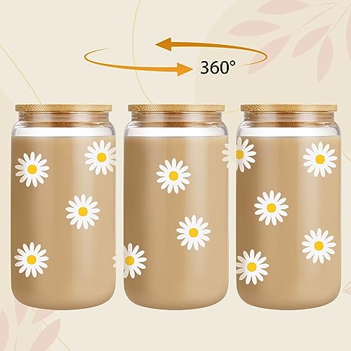 Daisy Aesthetic Coffee Cup with Lid & Straw - 16 oz Glass, White