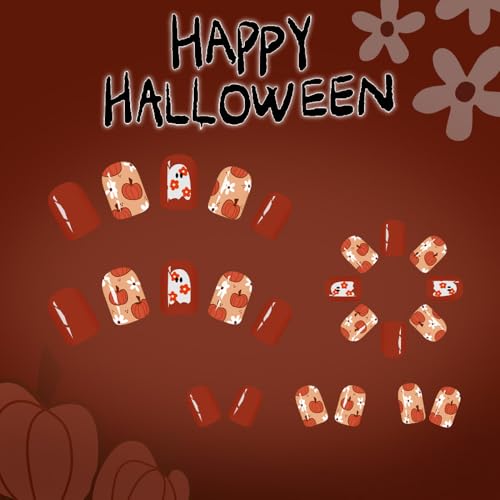 Tyemp Halloween Short Square Press On Nails Pumpkin Ghost False Acrylic Nails