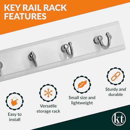 Wall Mounted Key Rack with 4 Hooks - Modern Steel & Wood Key Organizer - White