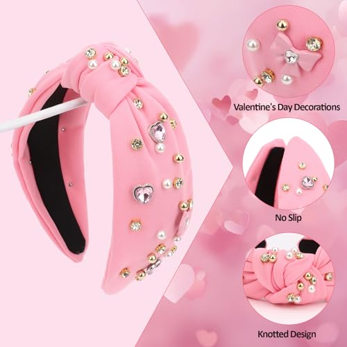 CURASA Valentine's Day Pink Pearl Rhinestone Knot Headband for Women