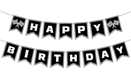 Race Car Birthday Banner - Black & White Checkered Flag Decoration