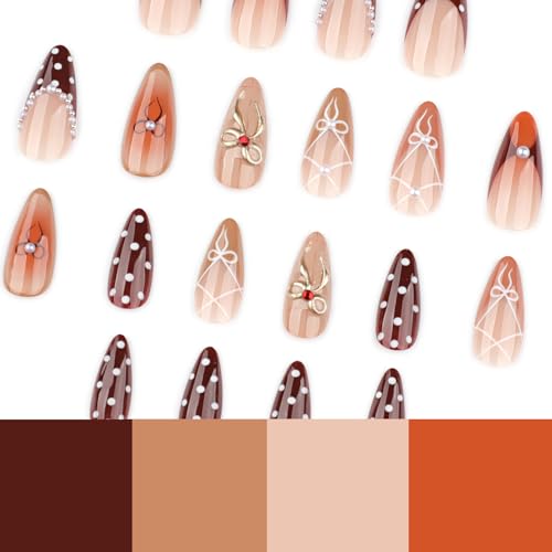 French Tip Press on Nails Medium Almond Brown Fake Nails with 3D Bows
