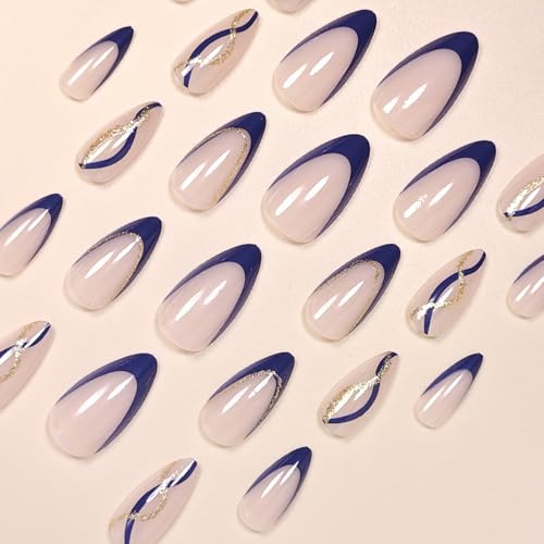 Navy Blue French Tip Press on Nails Medium Almond Fake Nails with Gold Glitter