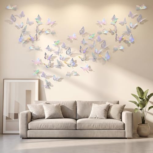 3D Silver Laser Butterfly Wall Decals - 48Pcs Removable Room Decor