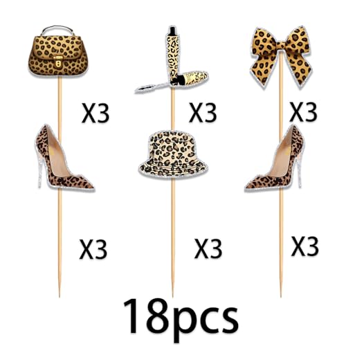 18pcs Leopard Print Glitter Cupcake Toppers for Parties