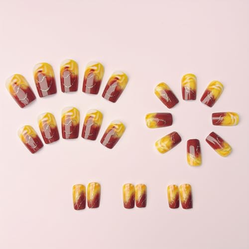 Ombre Brown Medium Square Press on Nails Glossy False Acrylic Nail Kit