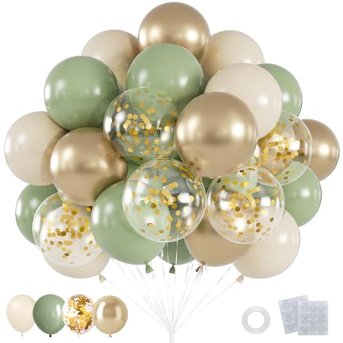 60pcs Sage Green and Gold Balloon Kit with Sand White Balloons for Party Decor - Includes Ribbons & Glue