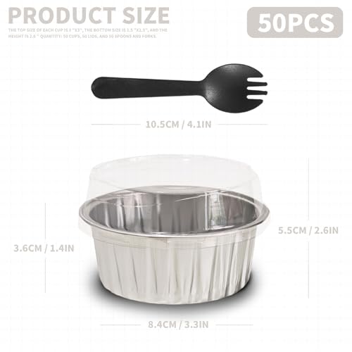 50Pcs Silver Aluminum Foil Cupcake Cups with Lids and Spoons, 5oz