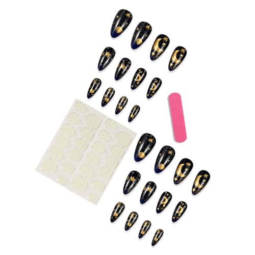 KTAABTR Gold Star Moon Long Almond Press on Nails Acrylic Fake Nails