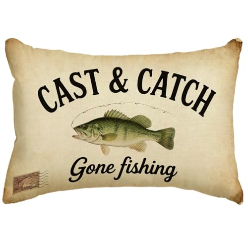 Fishing Themed Lumbar Pillow Cover, 12x20 Inch Bass Throw Case, Grayish Green