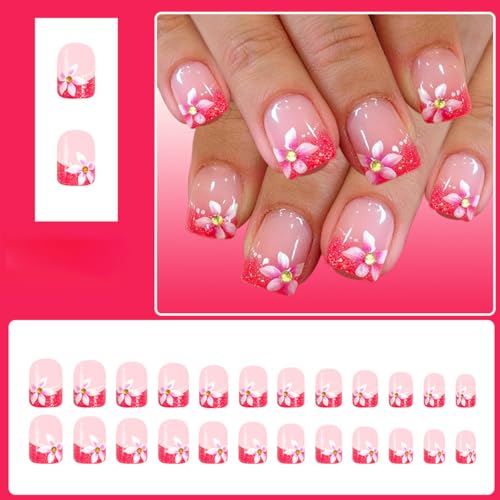 ZOAZJINAZ Peach Blossom Press On Nails Pink French Glitter False Nails