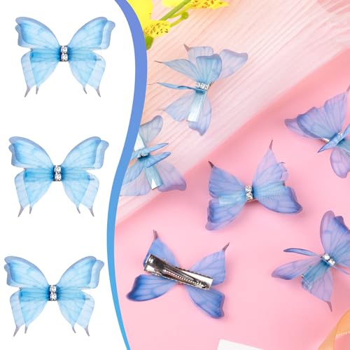 PAGOW 5pcs Blue Butterfly Hair Clips Rhinestone Snap Barrettes