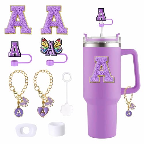 9pcs Cup Accessories Set, Butterfly Straw Cover Cap for Stanley Cup 30oz/40oz,Sticker for Stanley Decorations,Initial Letter Charm Personalized Spill-Proof Silicone Stoppers (Purple A)
