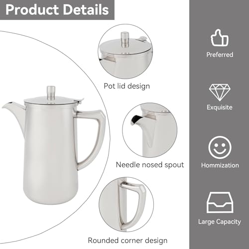 Stainless Steel Pitcher with Handle, Insulated Cold Beverage Jug Water Pitcher 60.35oz / 1.8 Liter Large Capacity Water Kettle with Lid for Hot/Cold Beverages Tea Milk Juice