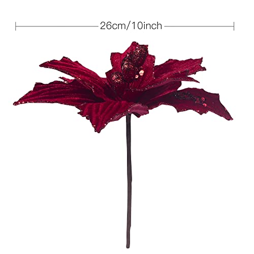 Red Velvet Christmas Poinsettia Flower Picks - 6pcs 10-Inch Holiday Decor