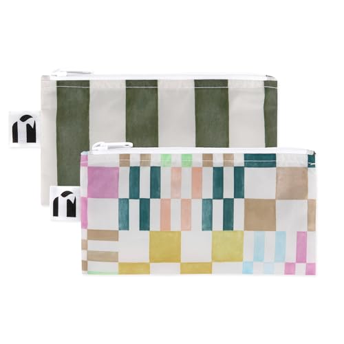 Bumkins Reusable Snack Bags for Kids & Adults - Green Stripe & Multi Check - 2-Pack