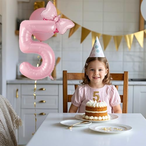 40-Inch Pink Number 5 Balloon with Bow for Girls' Birthday