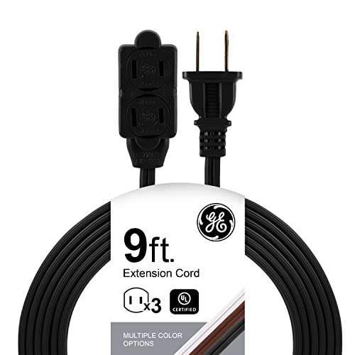 GE 9 Ft Extension Cord, 3-Outlet Power Strip with Twist-to-Close Safety, Black