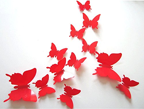3D Butterfly Wall Decals Red Removable Art Stickers 12-Pack