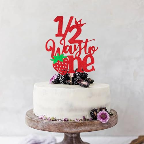 Red Glitter Strawberry Half Birthday Cake Topper | 1/2 Way to One