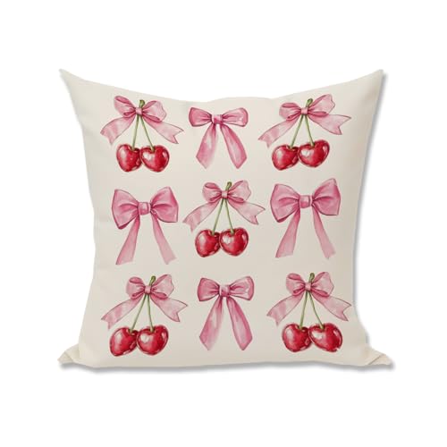 Pink Bow Tie Cherry Pillow Cover - 18x18 Inch Preppy Cushion Case