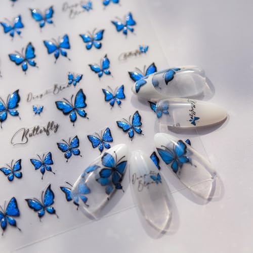 LIFOOST 5D Embossed Blue Butterfly Nail Stickers Glitter Decals DIY Manicure