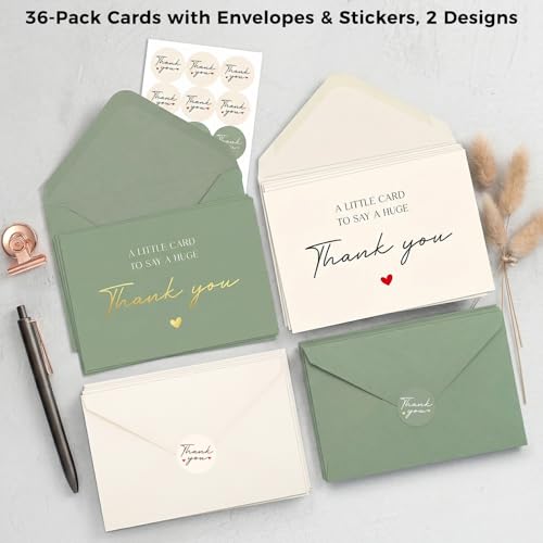 36 Pack Green Thank You Cards with Envelopes, 4x6 Inch Bulk Stationery