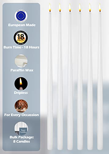 20 Inch Unscented Dripless Taper Candles - 8 Pack, White, 18 Hour Burn