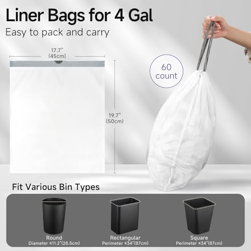 4 Gallon Drawstring Trash Bags - Strong White Bin Liners (60 Count)