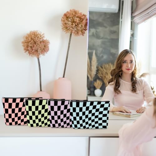 4 Pack Colorful Checkered Makeup Bag Cotton Linen Travel Toiletry Pouch