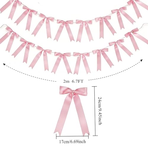Eucehlre Pink Satin Bow Garlands - 16pcs Pre-Strung Party Decorations