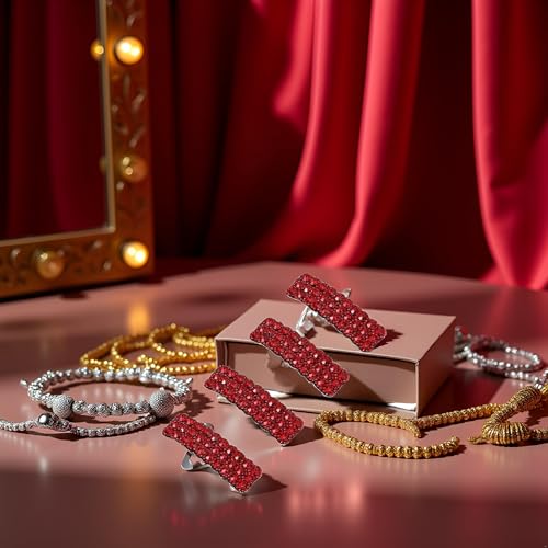 Zhuluck Red Rhinestone Snap Hair Clips Luxury Rectangular Barrette 4-Pack
