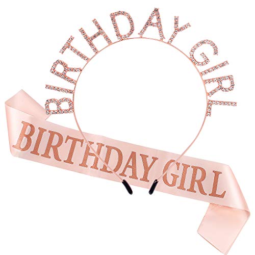 AOPRIE Rose Gold Birthday Girl Crown and Sash Rhinestone Tiara Headband