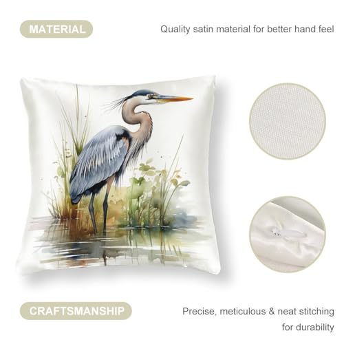 Watercolor Great Blue Heron Satin Throw Pillow Cover 18x18