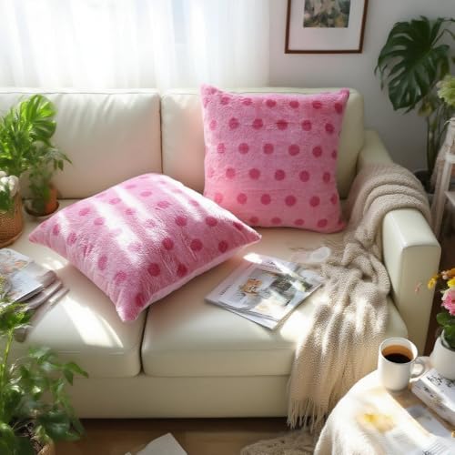 Polka Dot Plush Throw Pillow Covers - Deep Pink, 18"x18" (Set of 2)