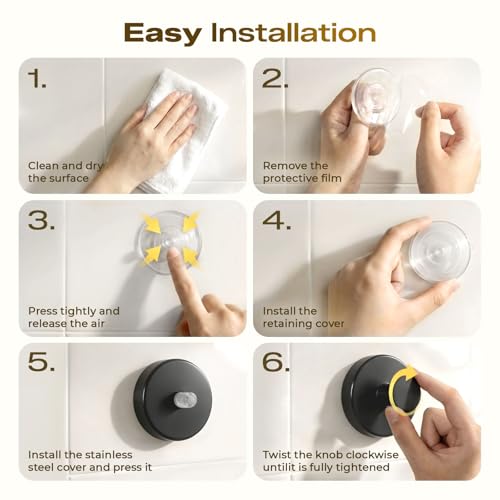 LOOHOI Heavy Duty Suction Cup Hooks - 4 Pack Black Stainless Steel Towel Hooks
