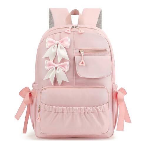 Cute Kawaii School Backpack for Girls - 15-Inch Pink Bow Bookbag