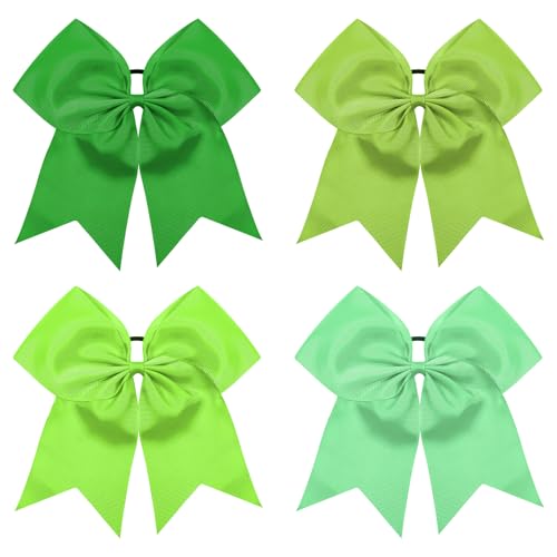 Large Green Cheering Hair Bows 8 Inch with Elastic Hair Ties (4 Pack)