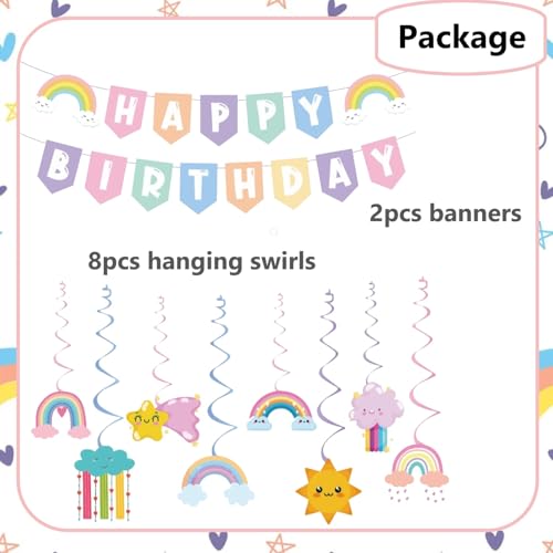 Pastel Rainbow Happy Birthday Banner with Hanging Swirls