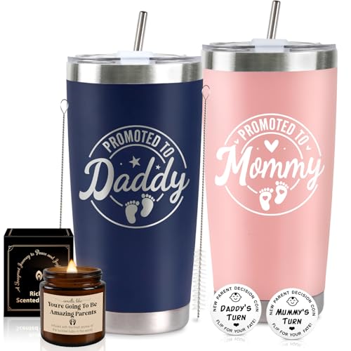 First Time Parents Gift Set - Pink & Navy Blue Insulated Tumblers with Candle & Accessories
