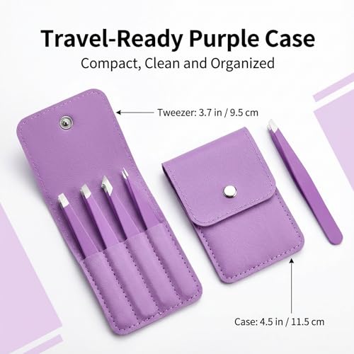 Purple Tweezers Set, 4 Pack Stainless Steel Precision Eyebrow Tweezers