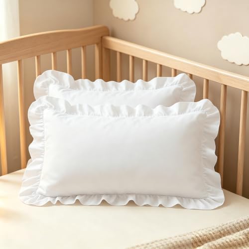 Sewdudely White Ruffle Toddler Pillowcase 14"x20" - Set of 2 Soft Microfiber
