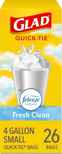 Glad Small 4 Gallon Trash Bags with Febreze Fresh Clean Scent, Odor Resistant, Quick Tie - 26 Count