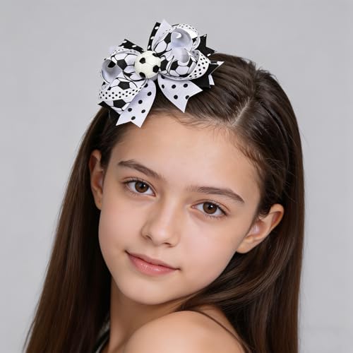 Soccer Hair Clips Black and White Ribbon Bows for Players and Fans