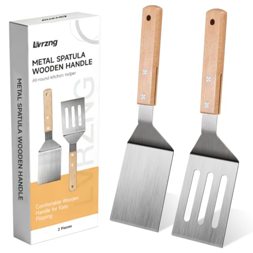Stainless Steel Spatula Set - 2 Metal Spatulas with Wooden Handle for Cooking