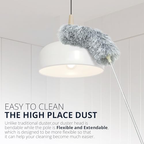 Gray Feather Duster with Extension Pole & Flexible Head for Cleaning